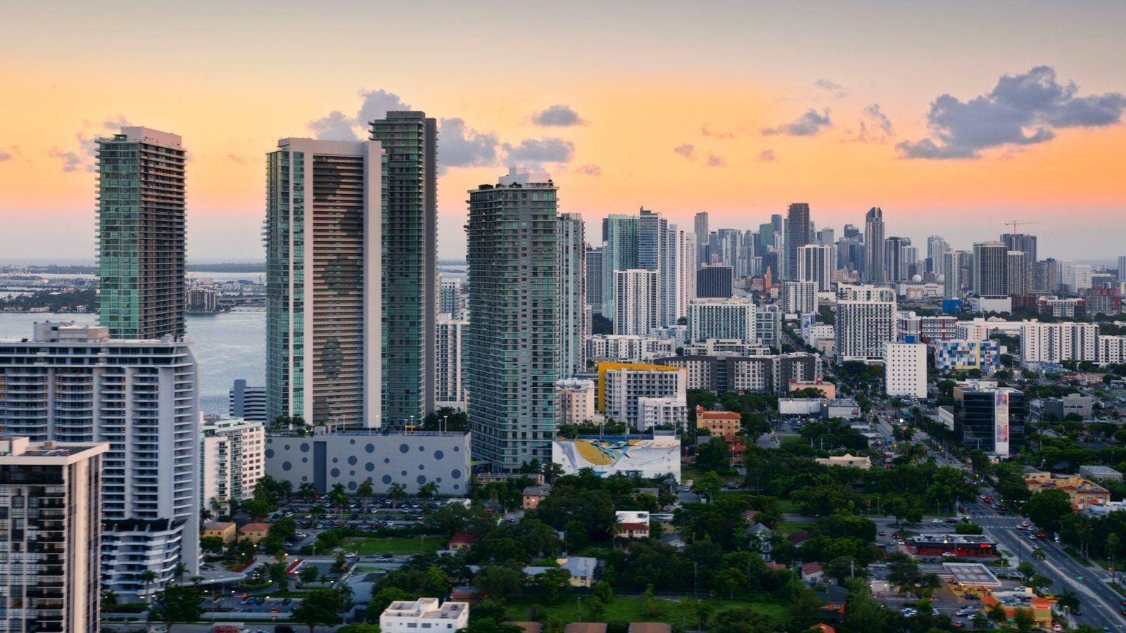 Edgewater and Midtown Miami skyline at sunset