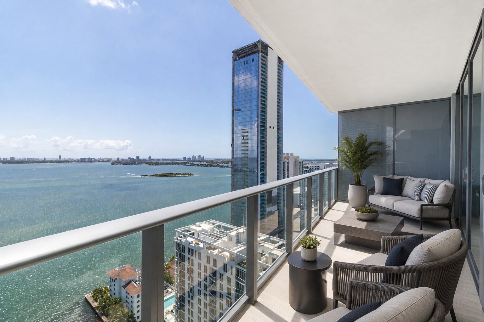 Balcony view from Icon Bay Residence 3105 over Biscayne Bay