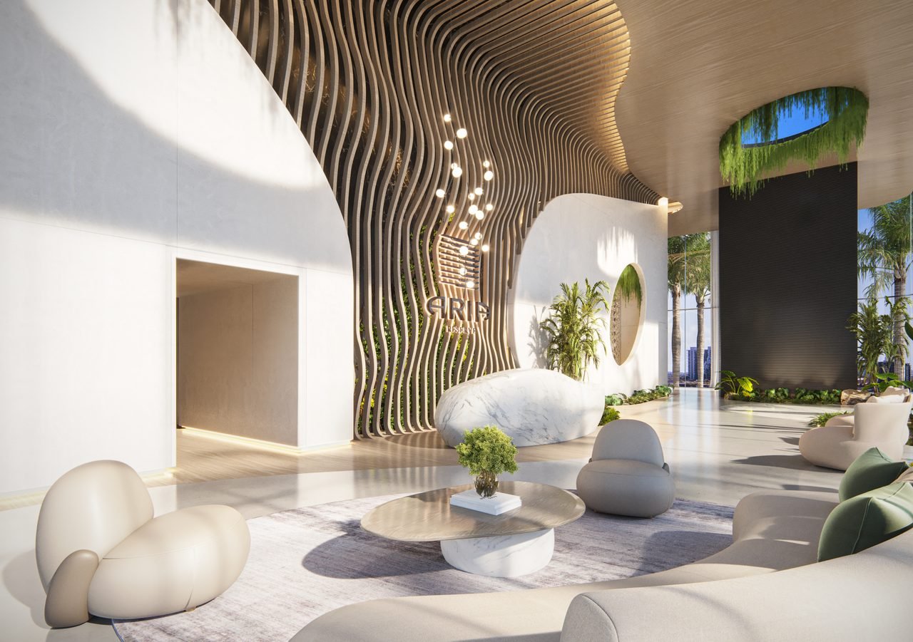 Aria Reserve Miami — interior club lounge with sculptural ceiling and organic seating (artist's rendering)