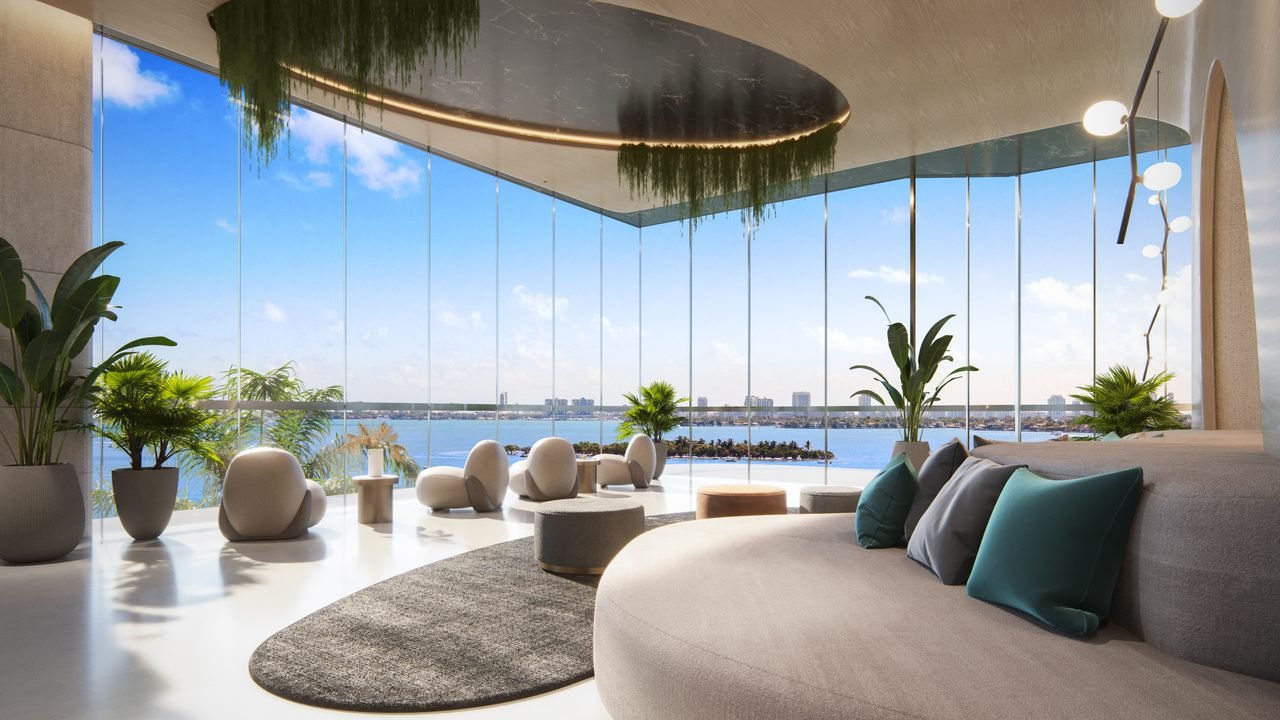 Aria Reserve Miami — sky lobby lounge with panoramic Biscayne Bay views (artist's rendering)