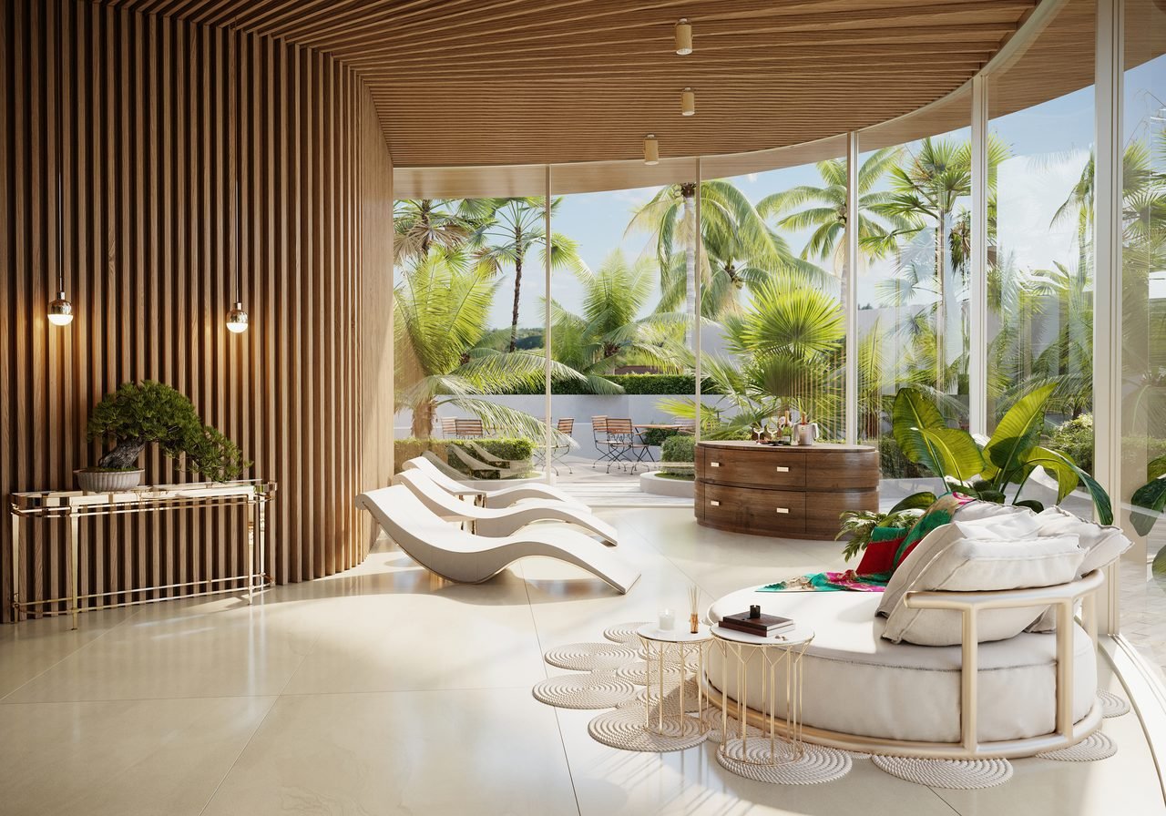 Aria Reserve Miami — spa relaxation lounge with daybeds and garden light (artist's rendering)
