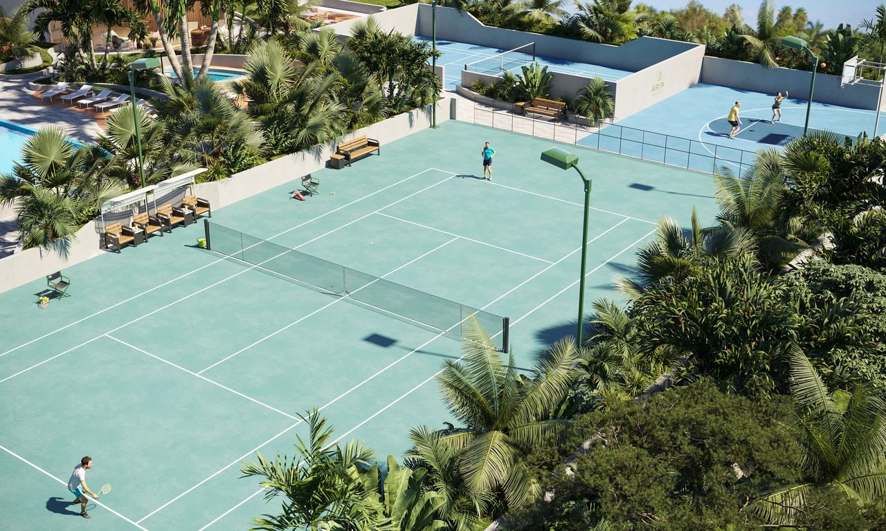 Aria Reserve Miami — garden-level tennis court framed by tropical landscaping (artist's rendering)