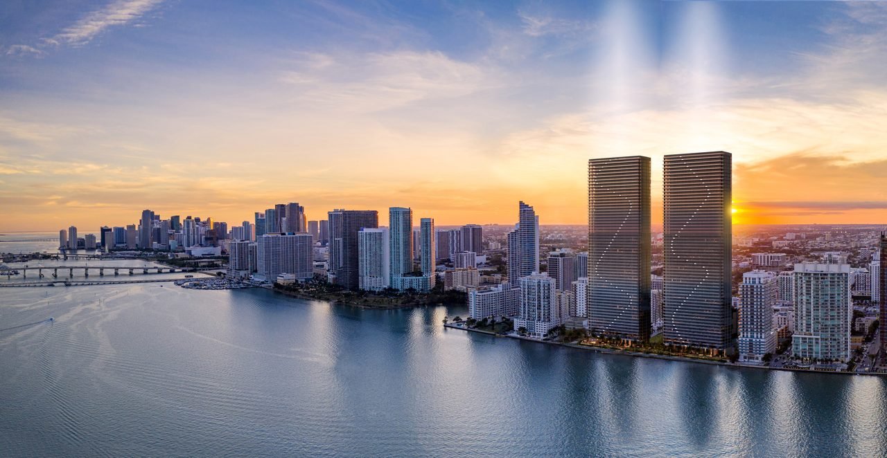 Aria Reserve Miami — aerial skyline view at sunset with the twin towers on the Edgewater waterfront (artist's rendering)