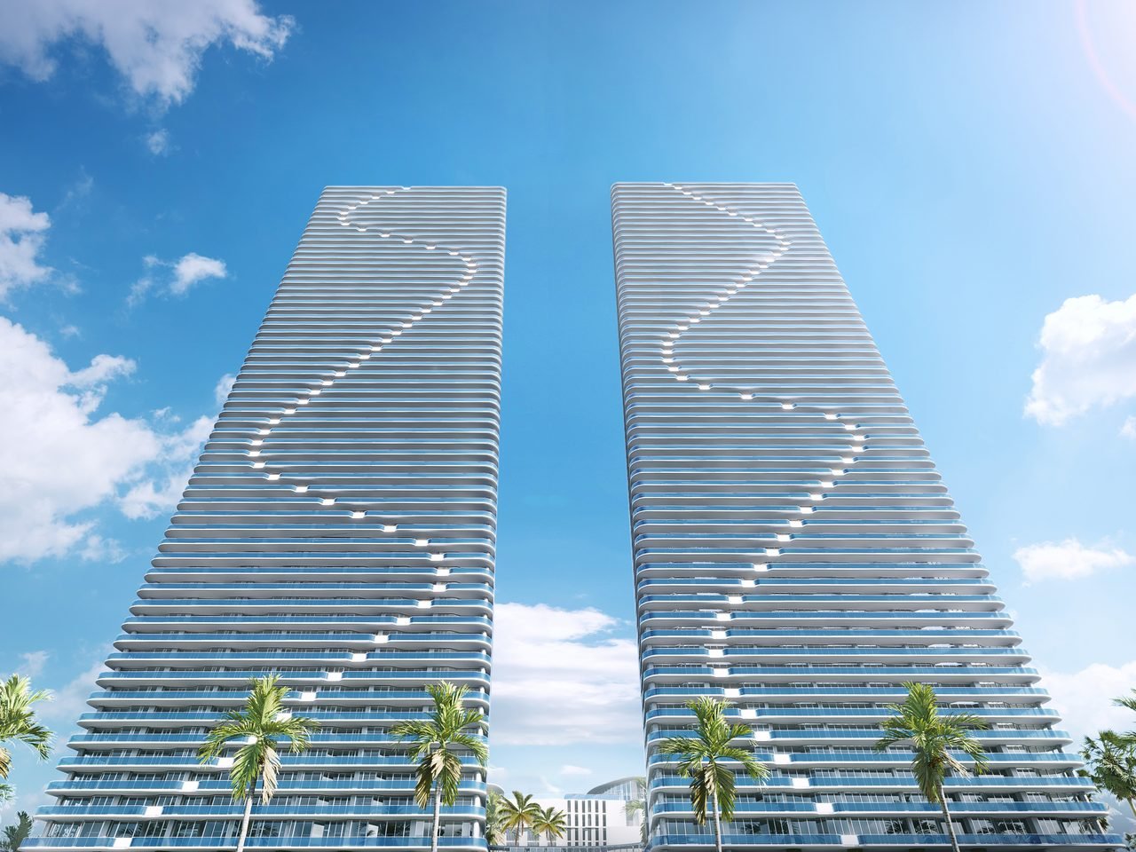 Aria Reserve Miami — frontal view of the twin residential towers with serpentine balcony pattern (artist's rendering)