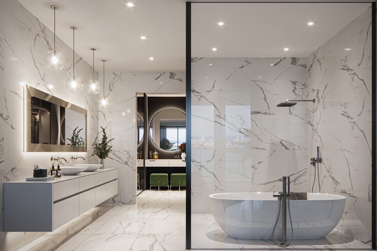 Aria Reserve Miami residence — primary bathroom with freestanding tub and marble finishes (artist's rendering)