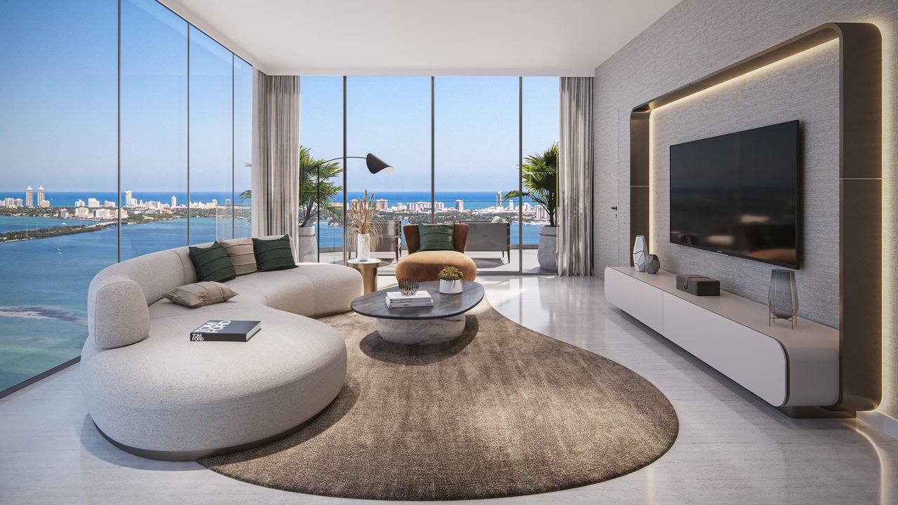 Aria Reserve Miami residence — living room with floor-to-ceiling glass and direct bay views (artist's rendering)