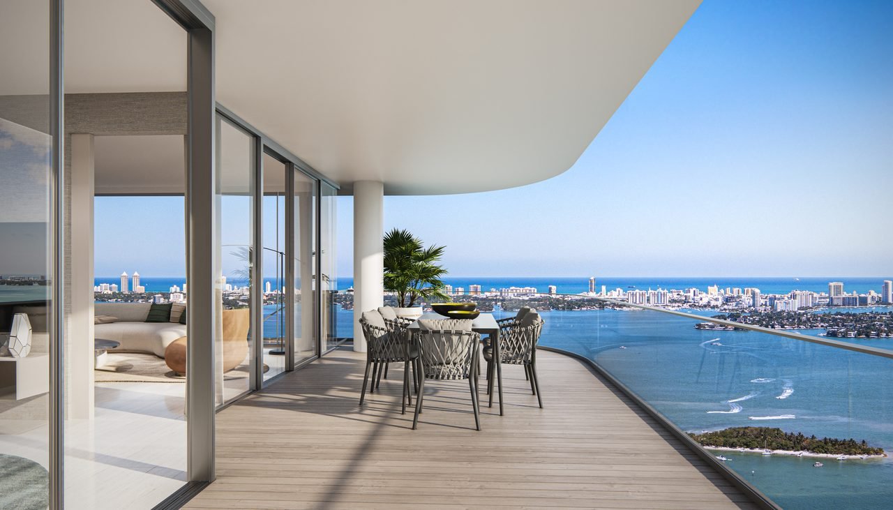 Aria Reserve Miami residence — deep private terrace with outdoor dining overlooking Biscayne Bay (artist's rendering)