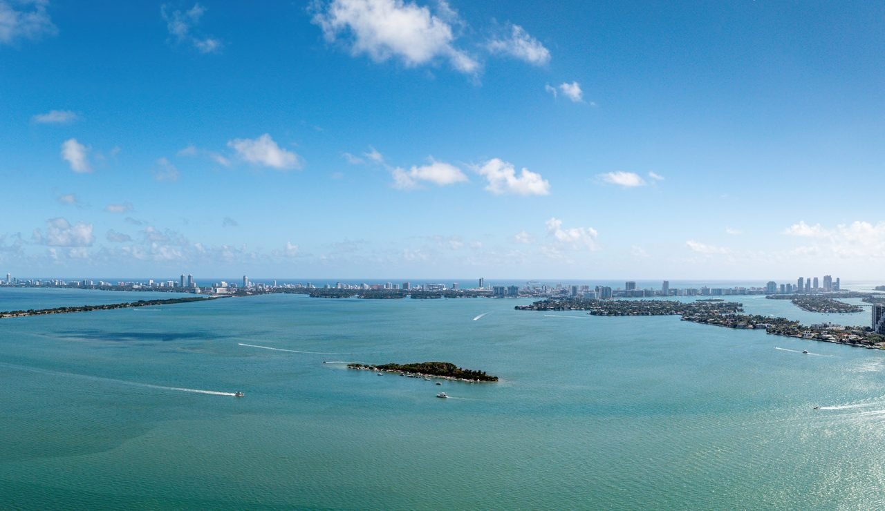 Aria Reserve Miami — east-facing daytime view over Biscayne Bay from the residence line (developer view study)