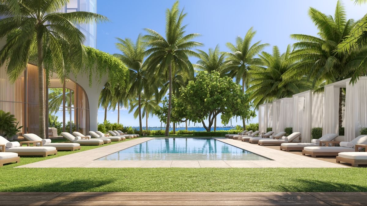 EDITION Residences Miami Edgewater — bayfront pool deck overlooking Biscayne Bay (artist's rendering)
