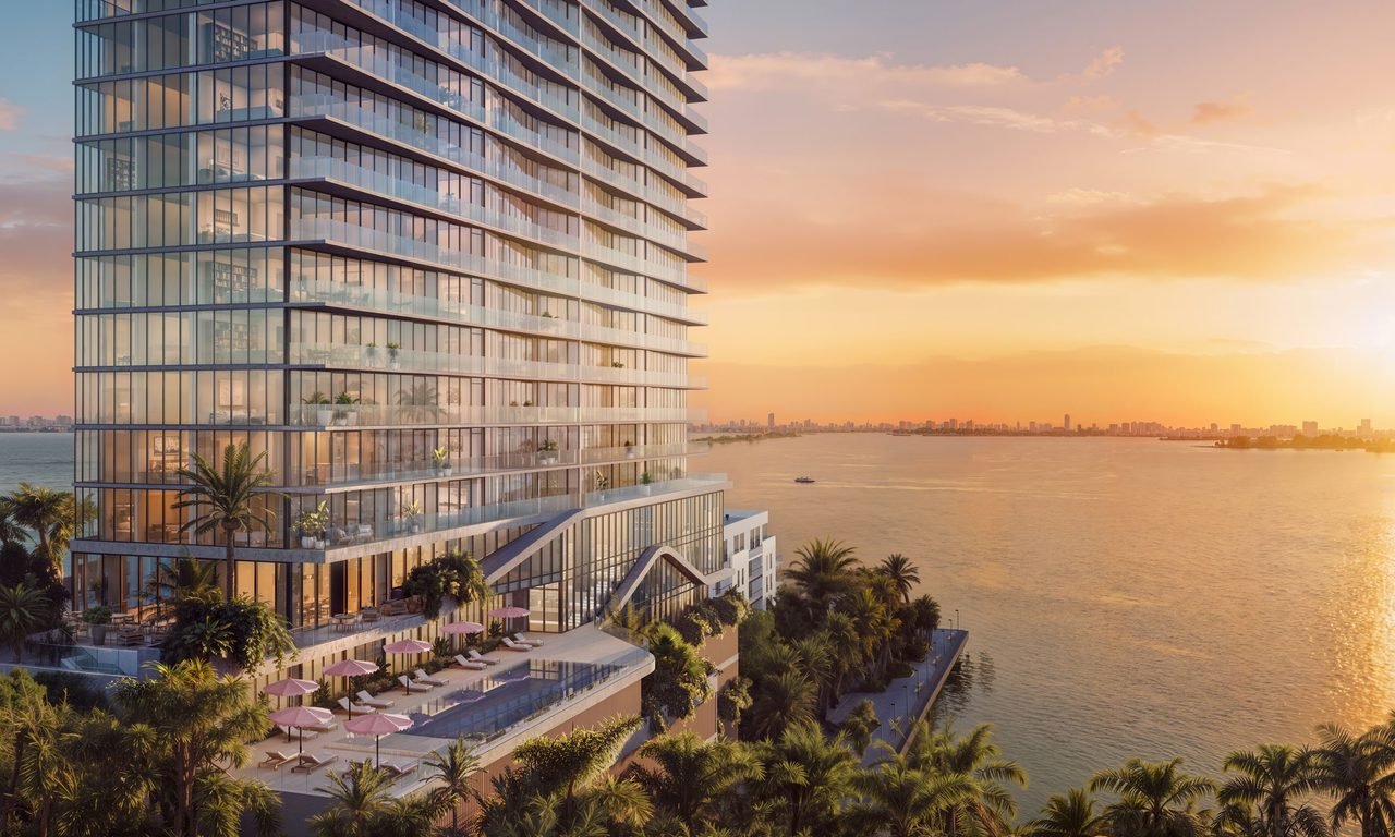 The Cove Residences — building exterior and pool deck at sunset (artist's rendering)