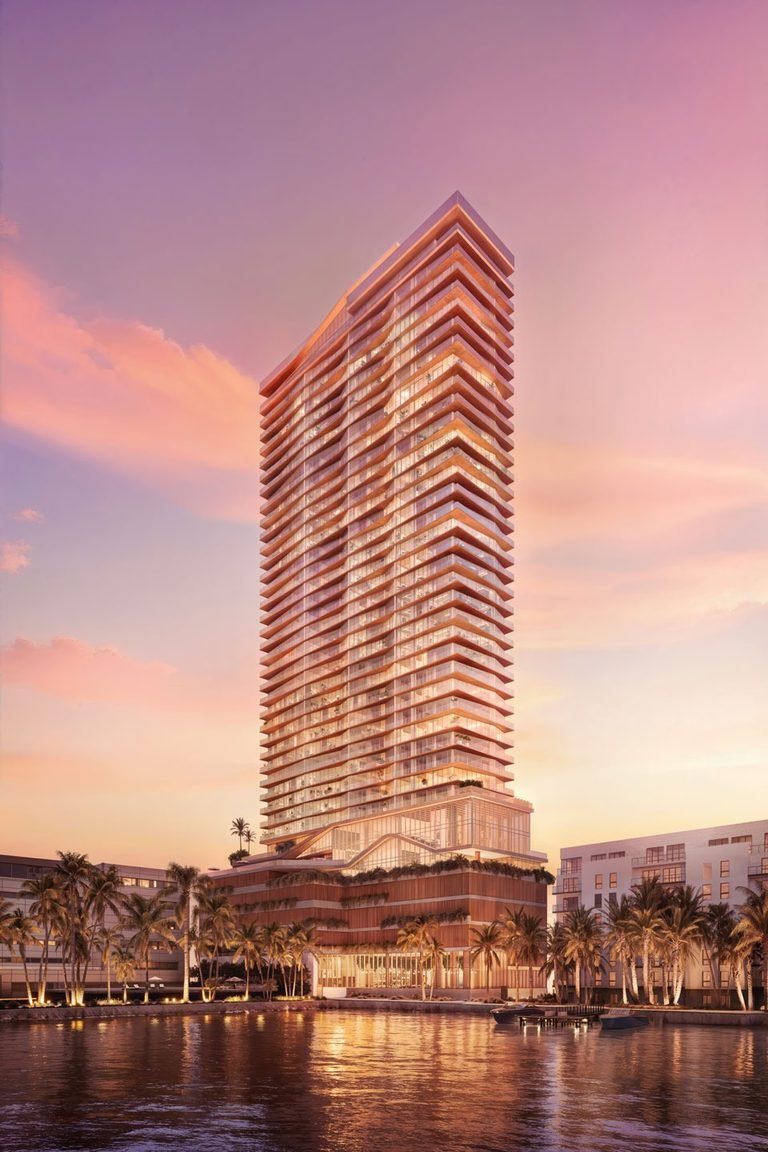 The Cove Residences — full-tower view at sunset, Edgewater Miami (artist's rendering)