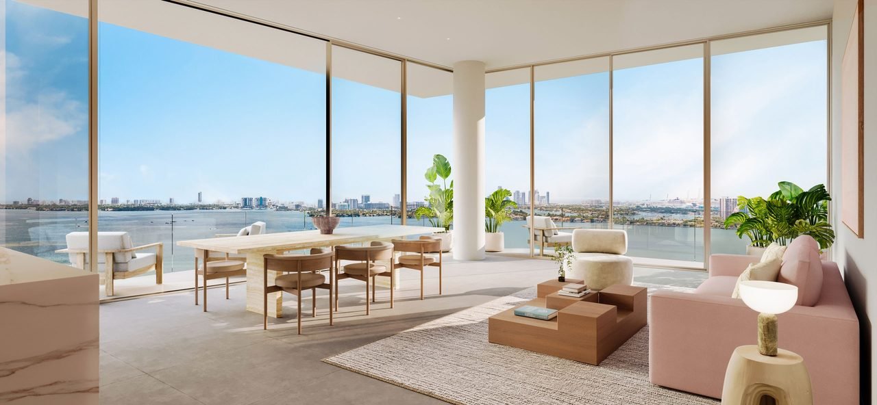 The Cove Residences — open-plan living room with bay views (artist's rendering)