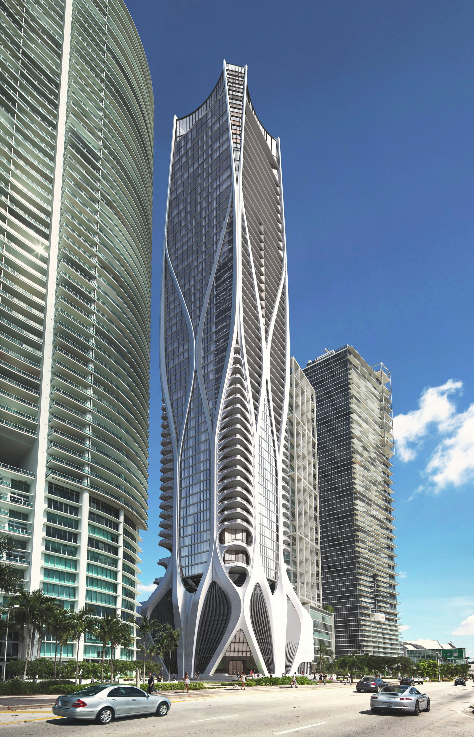 The futuristic architectural design of the Delmore Surfside, Miami's new billionaire bunker.