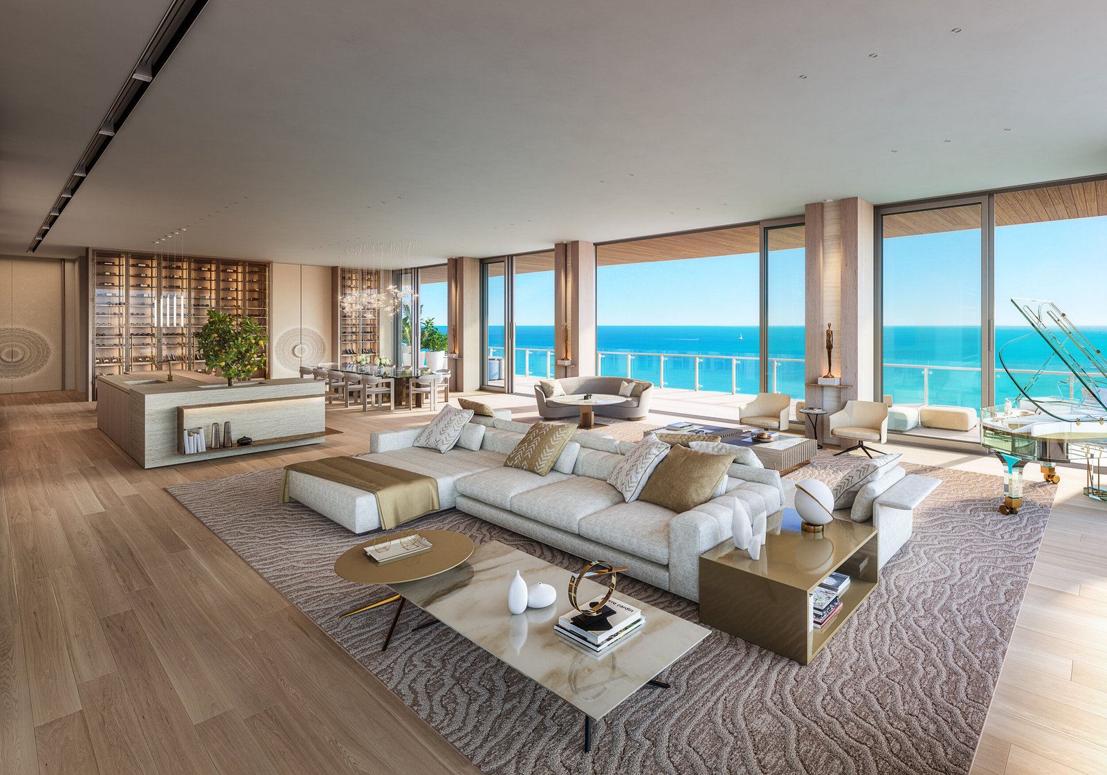 The interior of an ultra-luxurious penthouse living room with ocean views.