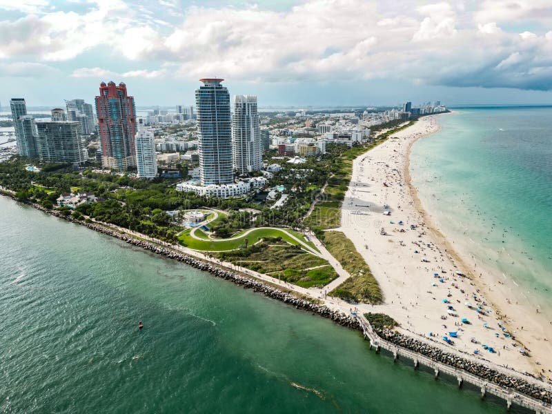 Miami skyline aerial view showing luxury waterfront properties and beach