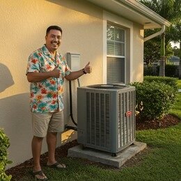 Man in Hawaiian shirt giving thumb up beside air conditioning unit outside a suburban home in South Florida.