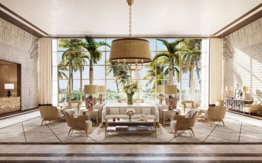Luxurious Four Seasons lobby with tropical decor, palm trees visible through large windows, Miami, South Florida, USA.