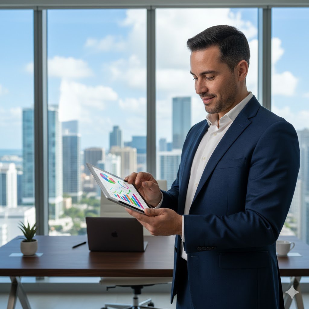 A professional real estate agent analyzing Miami Real Estate Updates on a tablet with the city skyline in the background.