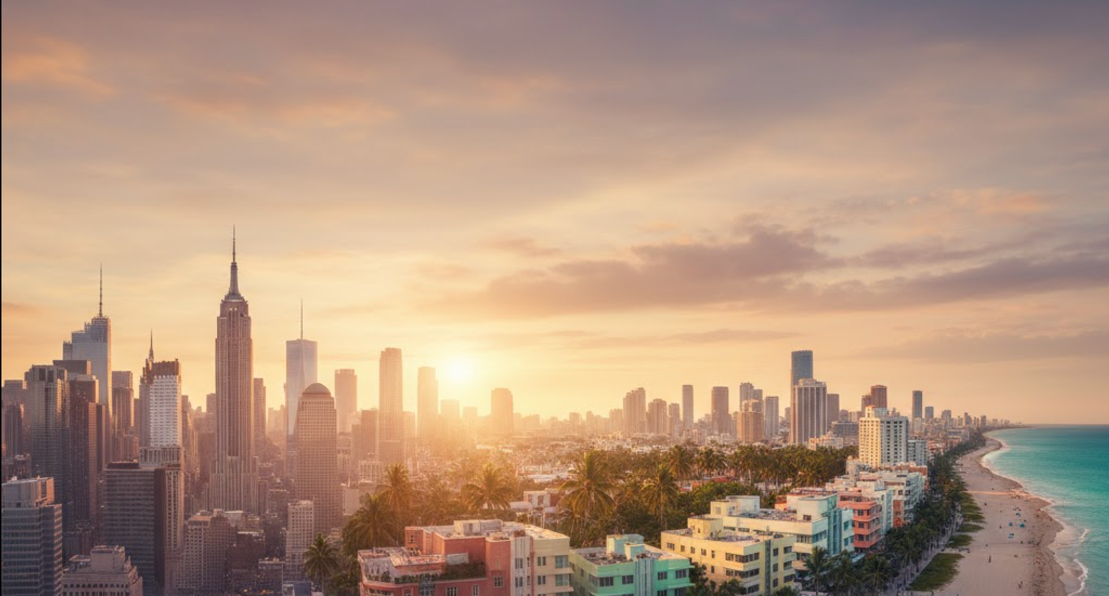 Split image comparing Manhattan skyline with Miami Beach waterfront