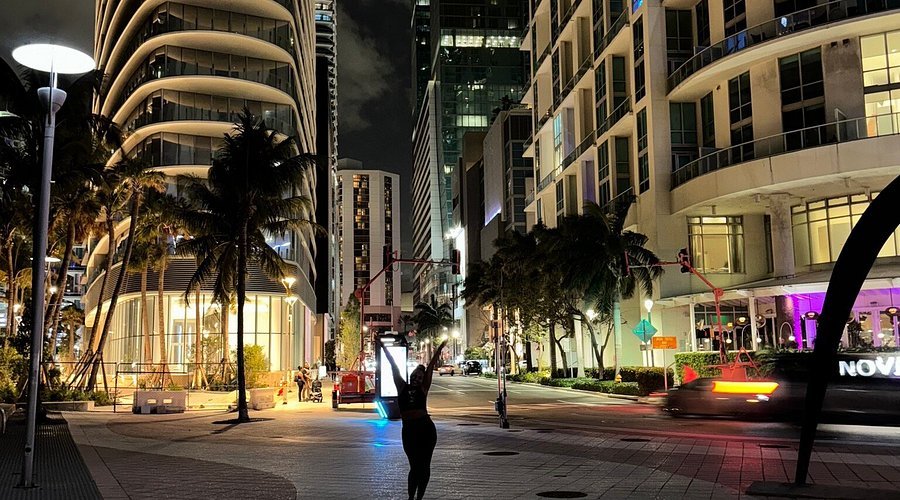 Modern Miami downtown skyline at night with palm trees and illuminated buildings
