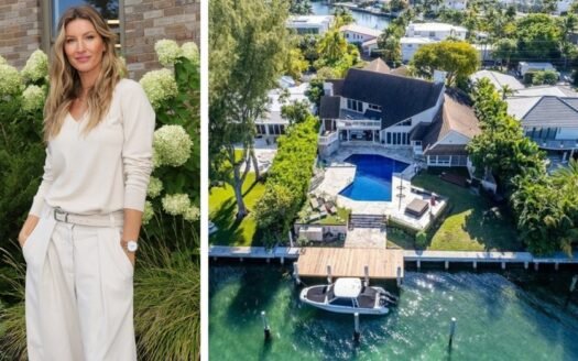 Woman in a garden on the left, aerial view of a waterfront home in Miami, South Florida on the right. Article about family compound strategy.