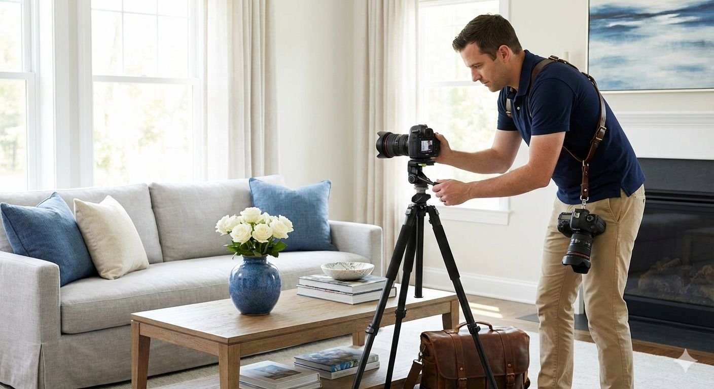 Professional photographer capturing beautifully staged home interior for listing photos and marketing materials