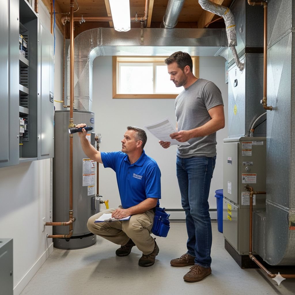 Home inspector examining property systems while seller reviews inspection report and negotiates repairs