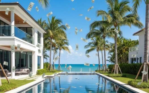 Luxury beachfront villa with pool and floating cash, South Florida, USA. Palm trees line the path to the ocean.