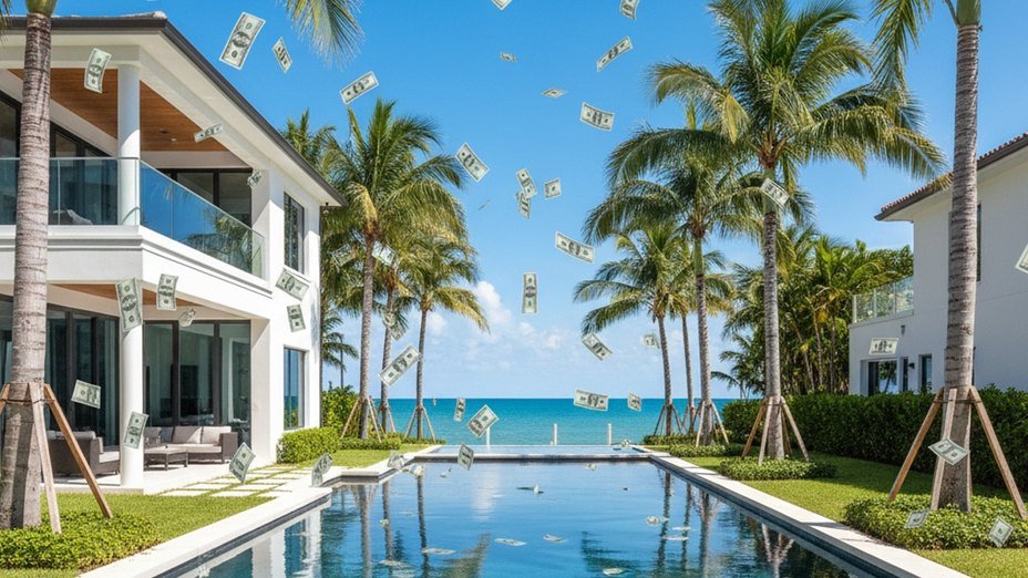 An aerial view of a luxury waterfront estate in Miami