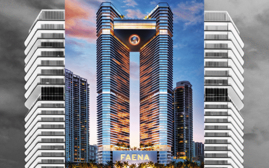 Modern high-rise building with twin towers, Faena logo, sunset reflection, in Miami skyline, South Florida, USA. Article about Miami River Luxury Renaissance