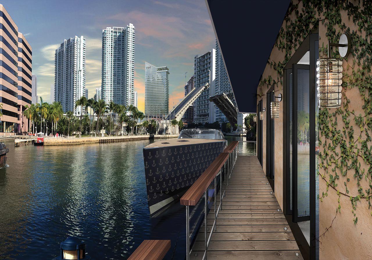 Miami River waterfront with luxury yachts and city skyline