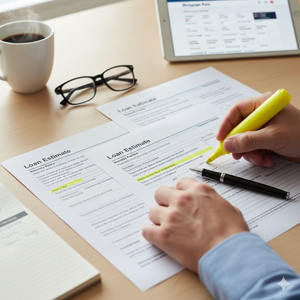 Homebuyer comparing mortgage offers and interest rates using loan estimates from multiple lenders