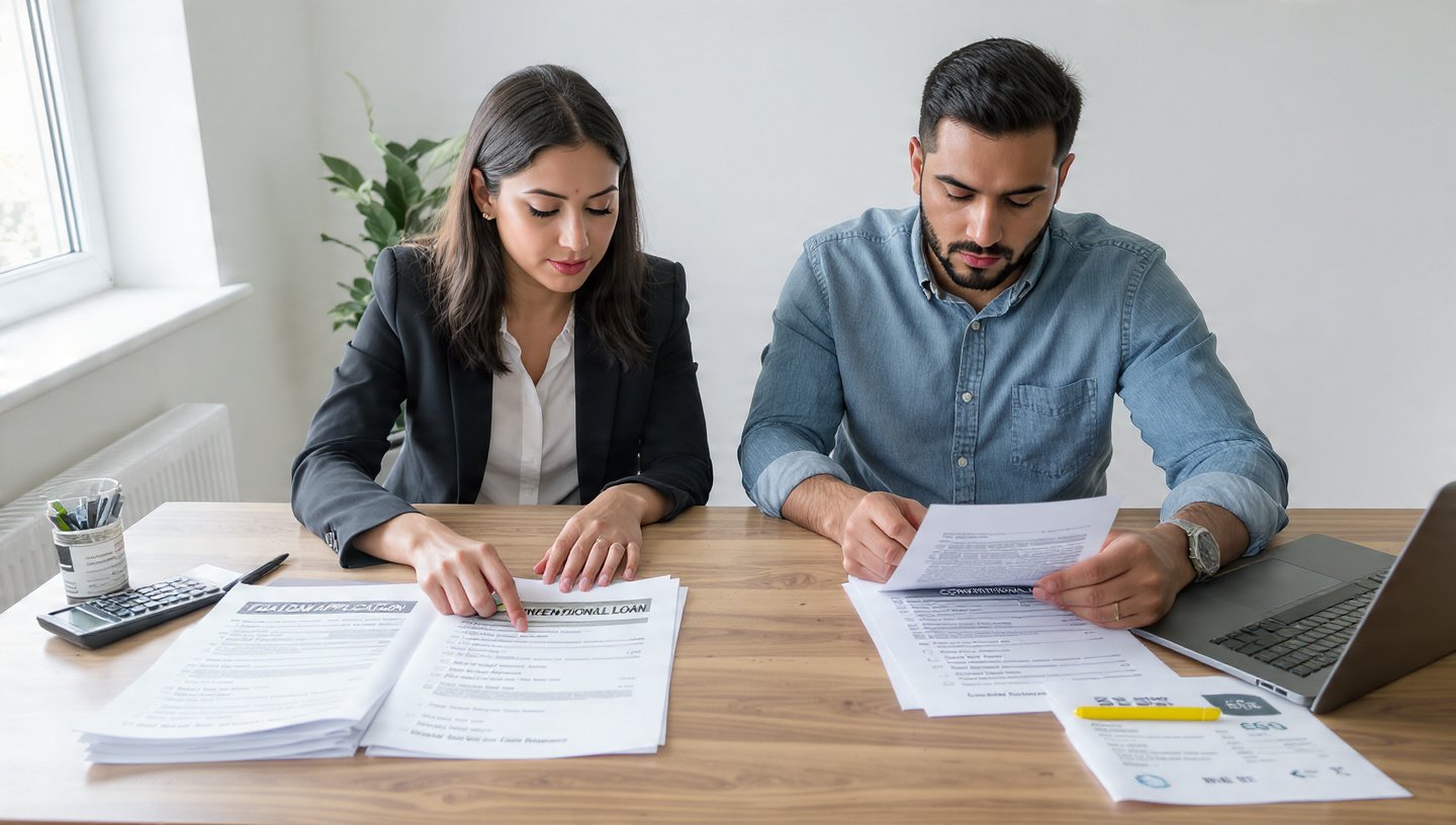 Homebuyers comparing FHA vs conventional loans eligibility requirements and credit score differences between loan programs
