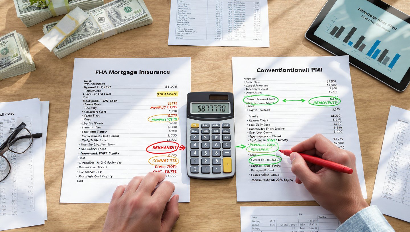 FHA vs conventional mortgage insurance differences and cost comparison showing FHA loan benefits versus conventional PMI removal