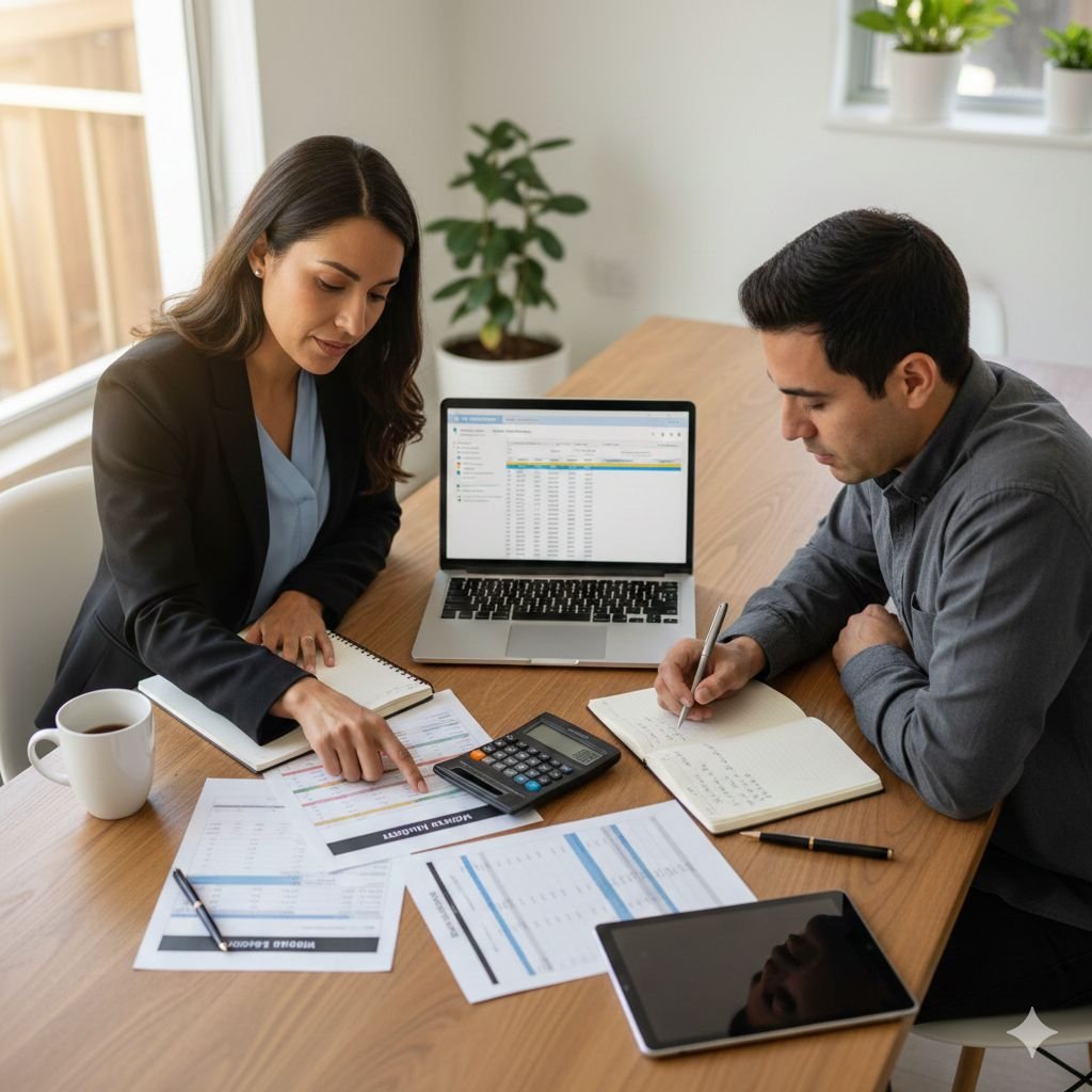 Homebuyer calculating home affordability using budget worksheets and mortgage affordability formulas