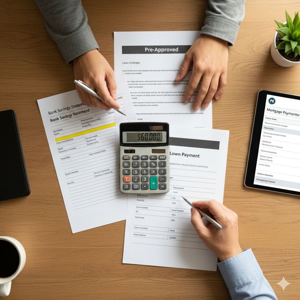 Homebuyers reviewing down payment savings strategies and calculating monthly payment planning for mortgage affordability