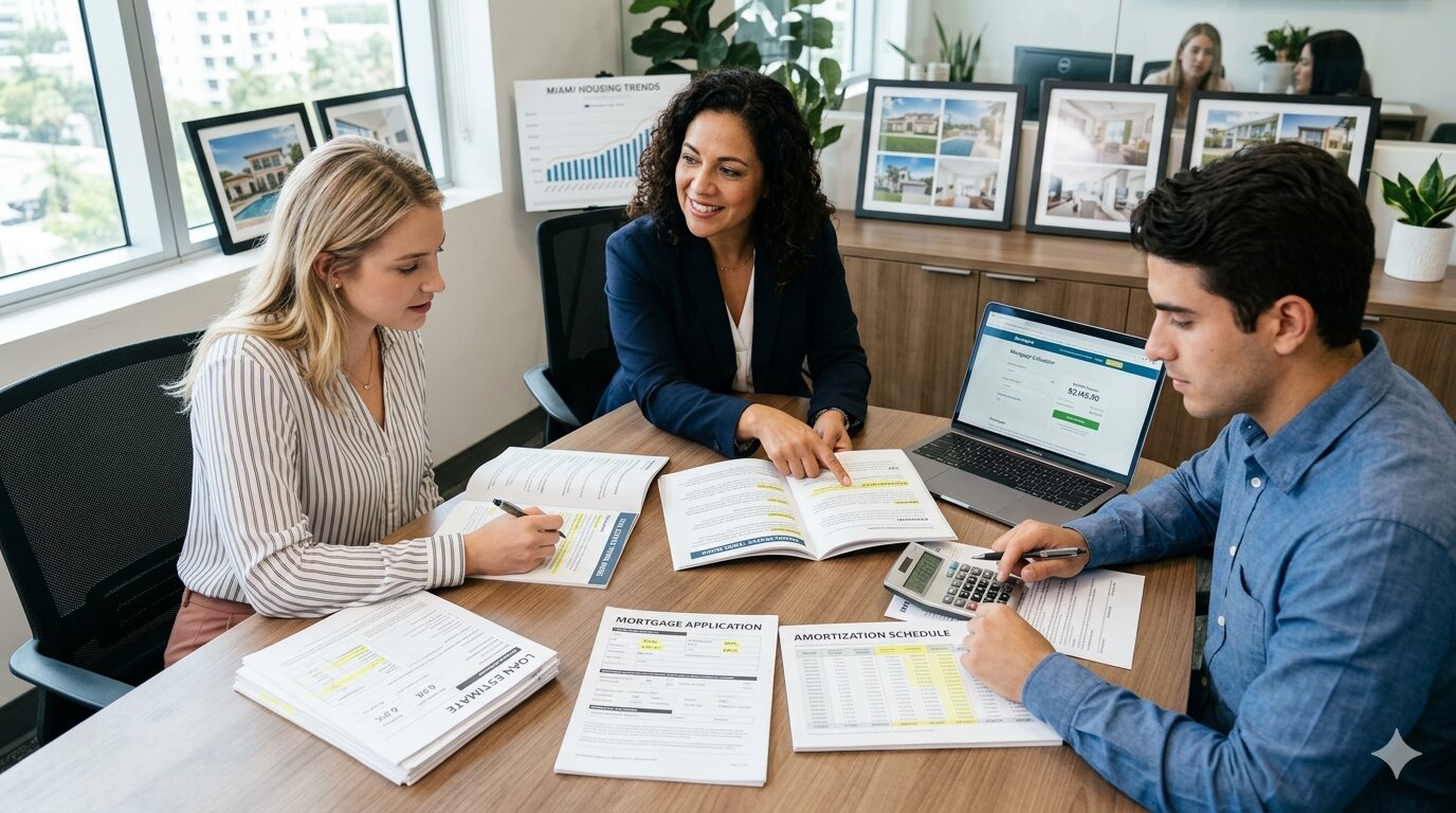 Real estate professionals reviewing common real estate terminology and mortgage terms definitions with homebuyers